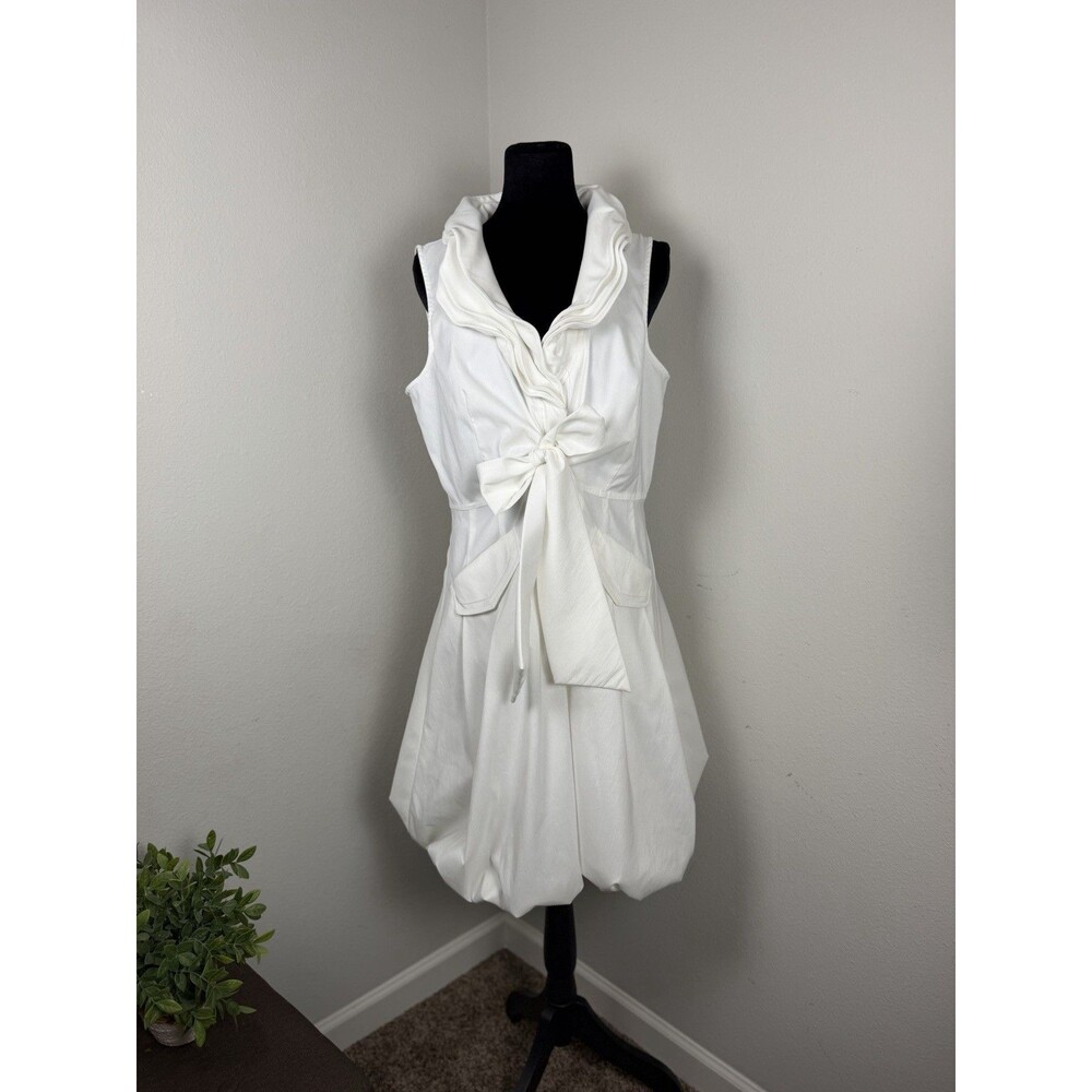 Samuel Dong White Sleeveless Ruffle Collar Tie Waist Dress Size Large